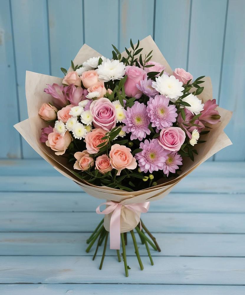 Букет цветов из: Хризантемы, Розы и Альстромерии в Красноярке