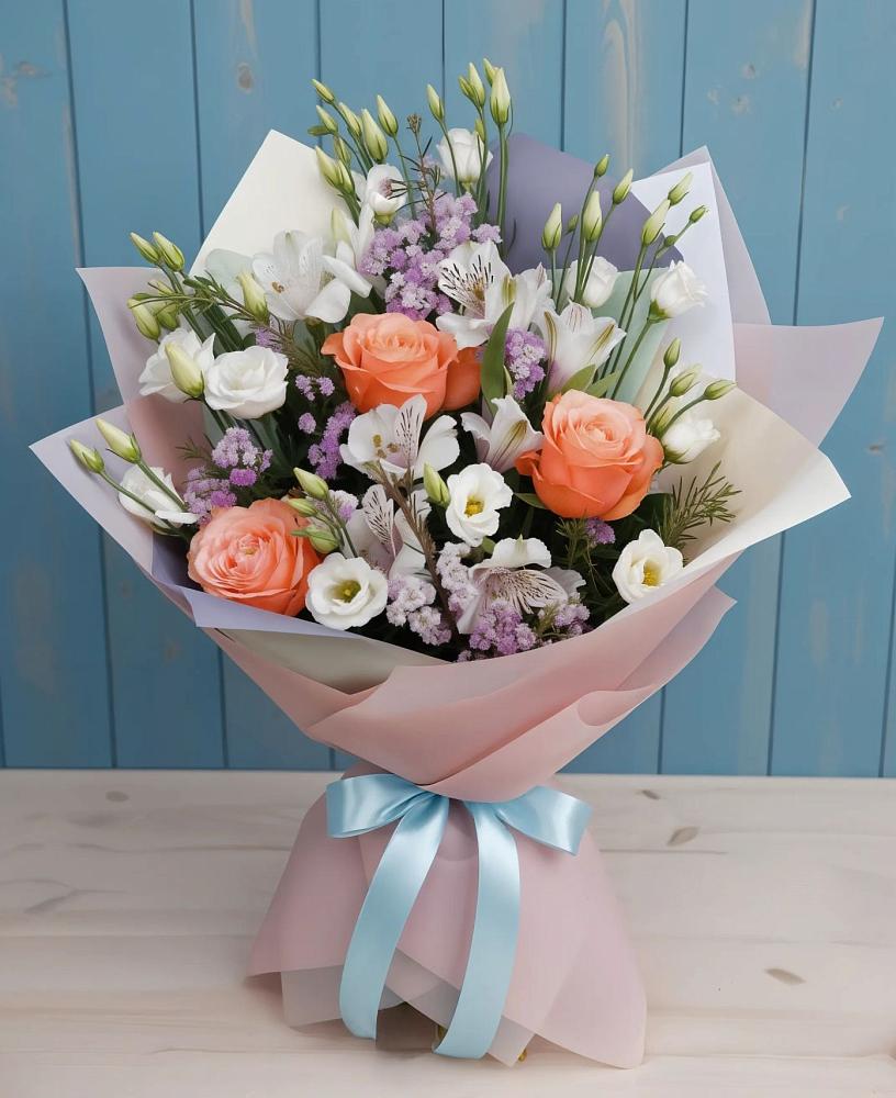 Букет цветов из: Лизиантусы, Розы, Альстромерии и Гипсофила в Красноярке